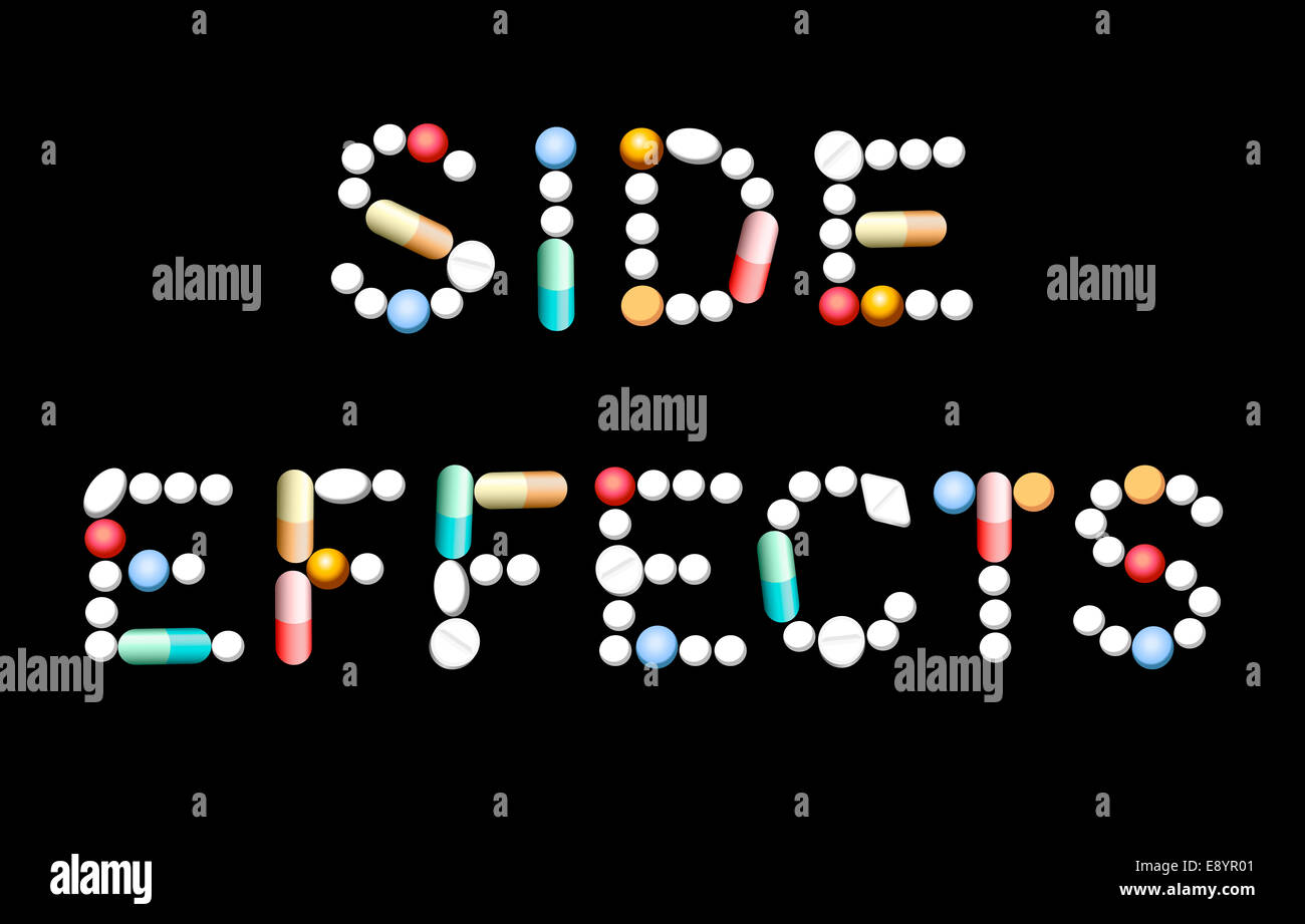 Nebenwirkungen zusammen mit verschiedenen Pillen, Tabletten und Kapseln. Stockfoto