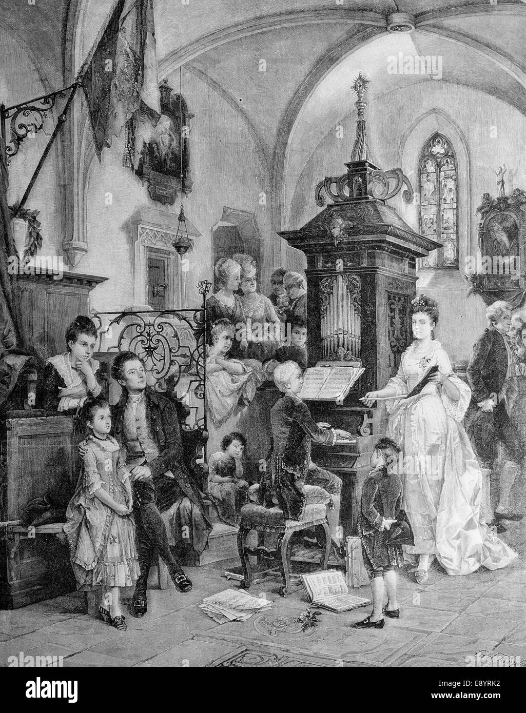 Wolfgang Amadeus Mozart (1756-1791). Komponisten der Klassik. Mozat junge Celesta zu spielen. Kupferstich, 1885. Stockfoto