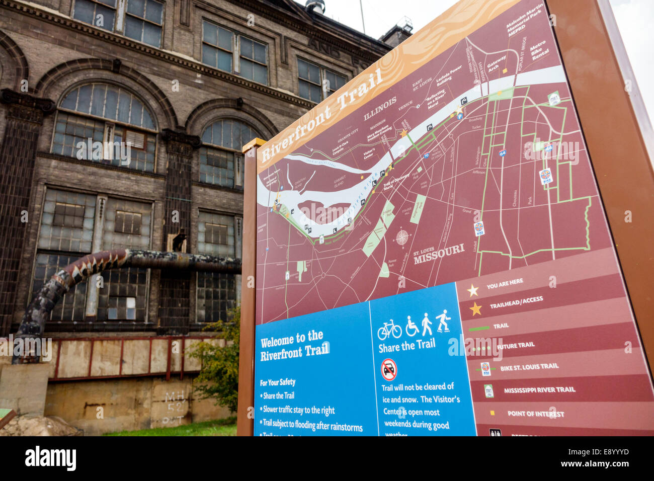Saint St. Louis Missouri, North Riverfront Trail, Mississippi River, Trailhead Center, Union Electric Company, Kraftwerk, historisches Gebäude, Schild, Karte, MO140 Stockfoto