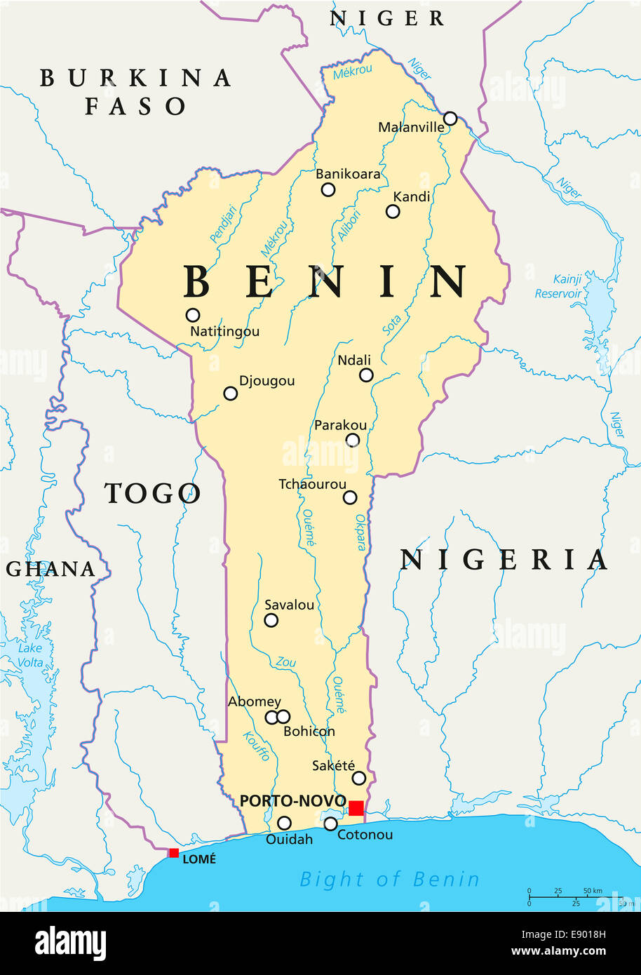 Benin politische Karte mit Hauptstadt Porto-Novo, Landesgrenzen, die wichtigsten Städte, Flüsse und Seen. Englisch beschriften. Stockfoto