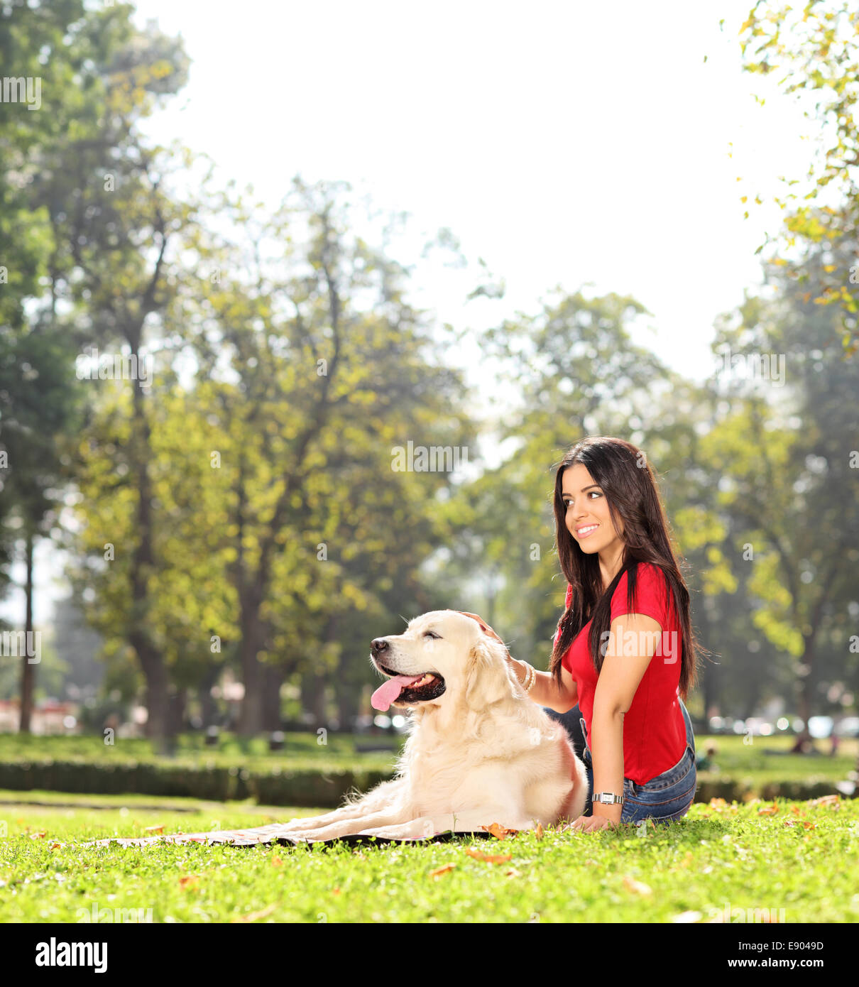 Schönes Mädchen sitzen auf dem Rasen mit ihrem Hund in einem Park mit einem Tilt-Shift-Objektiv geschossen Stockfoto