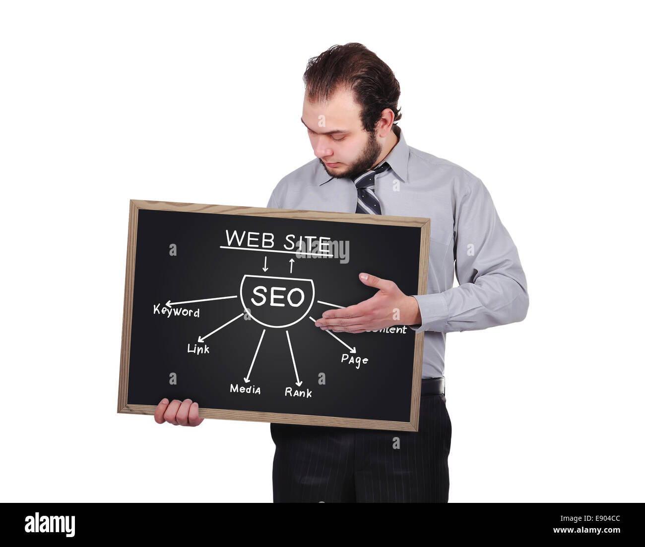 Geschäftsmann holding Tafel mit Plan Seo isoliert auf weiss Stockfoto