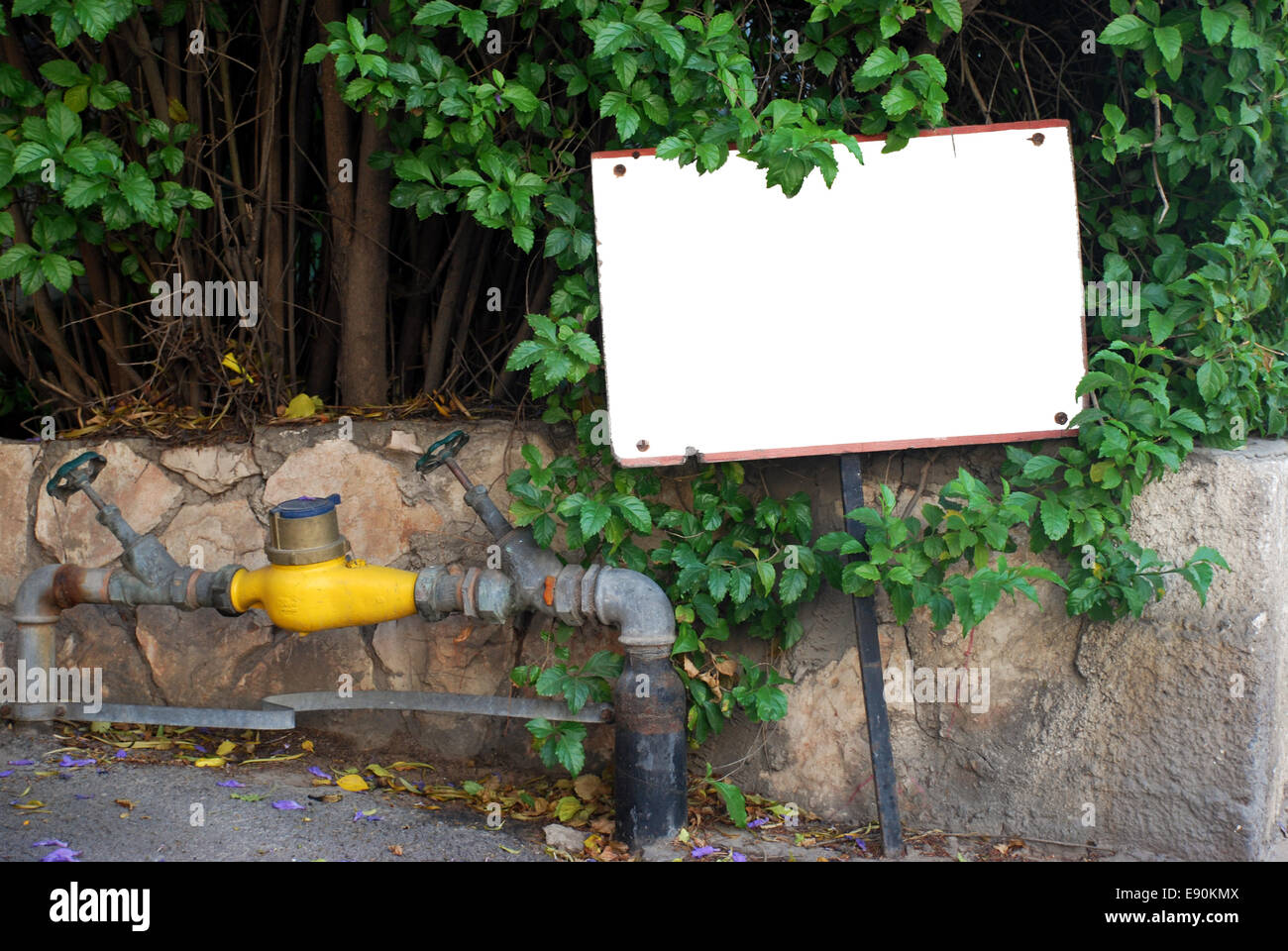 Ein leeres weißes Schild auf einem Mast Stockfoto