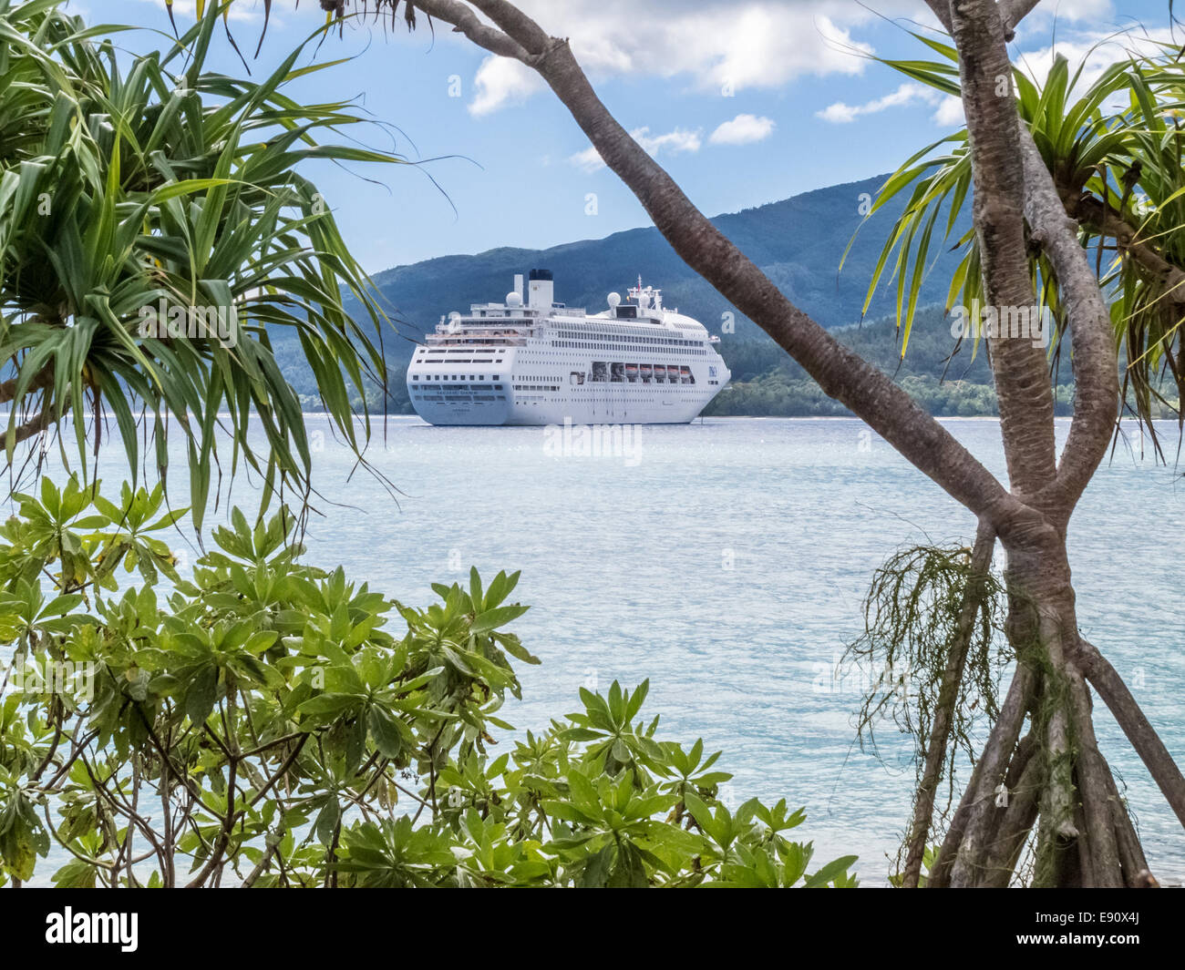 Strandvegetation mit verankerten Kreuzfahrtschiff im Hintergrund. Auffassung von Mystery Island Vanuatu. Stockfoto