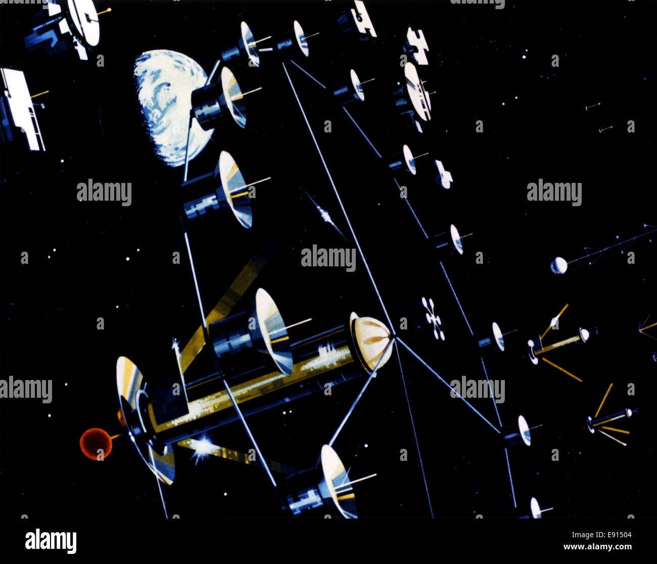 Die Ausstellung „Ames Space Colony Art“ zeigt konzeptionelle Entwürfe und künstlerische Interpretationen menschlicher Siedlungen im Weltraum und beleuchtet potenzielle Lebensräume, lebenserhaltende Systeme und interplanetare Erkundungsszenarien. Das Display betont Ingenieurskunst, architektonische Innovation und langfristige Raumordnungsplanung. Stockfoto