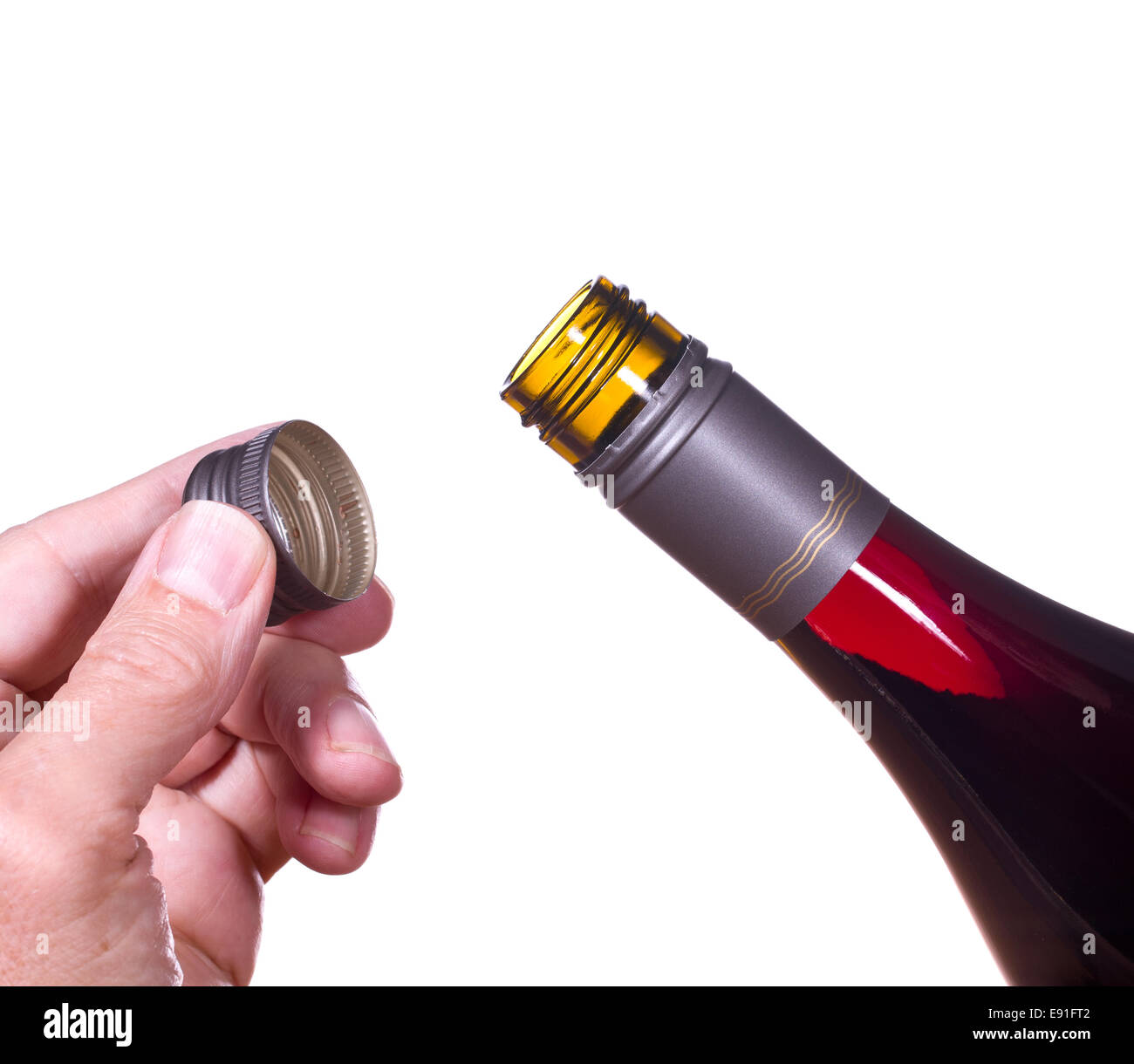 Flasche Rotwein Schraubverschluss geöffnet Stockfoto