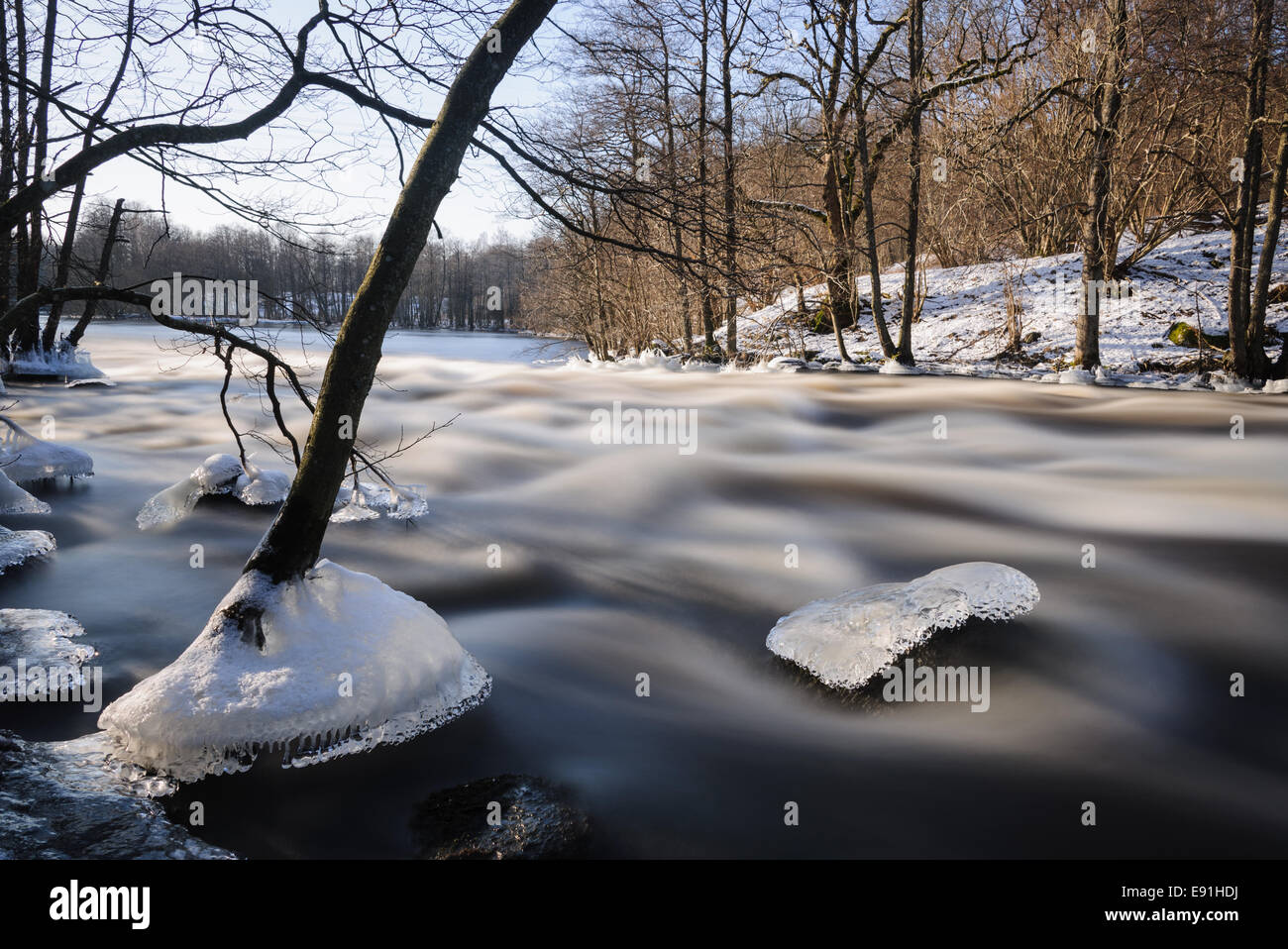 Verschneiten Fluss durch einen Wald im winter Stockfoto
