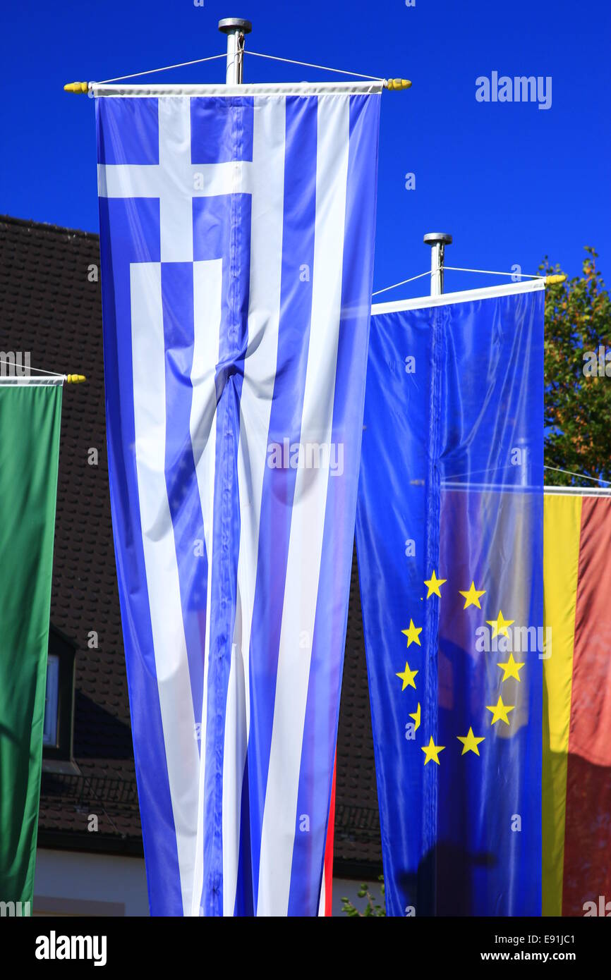 Flagge von Griechenland und der Europäischen Union Stockfoto