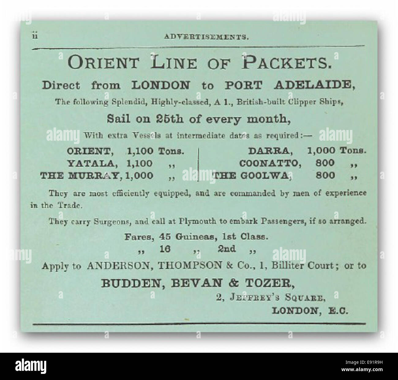 (1868) Orient-Line Pakete - London nach Port Adelaide Stockfoto