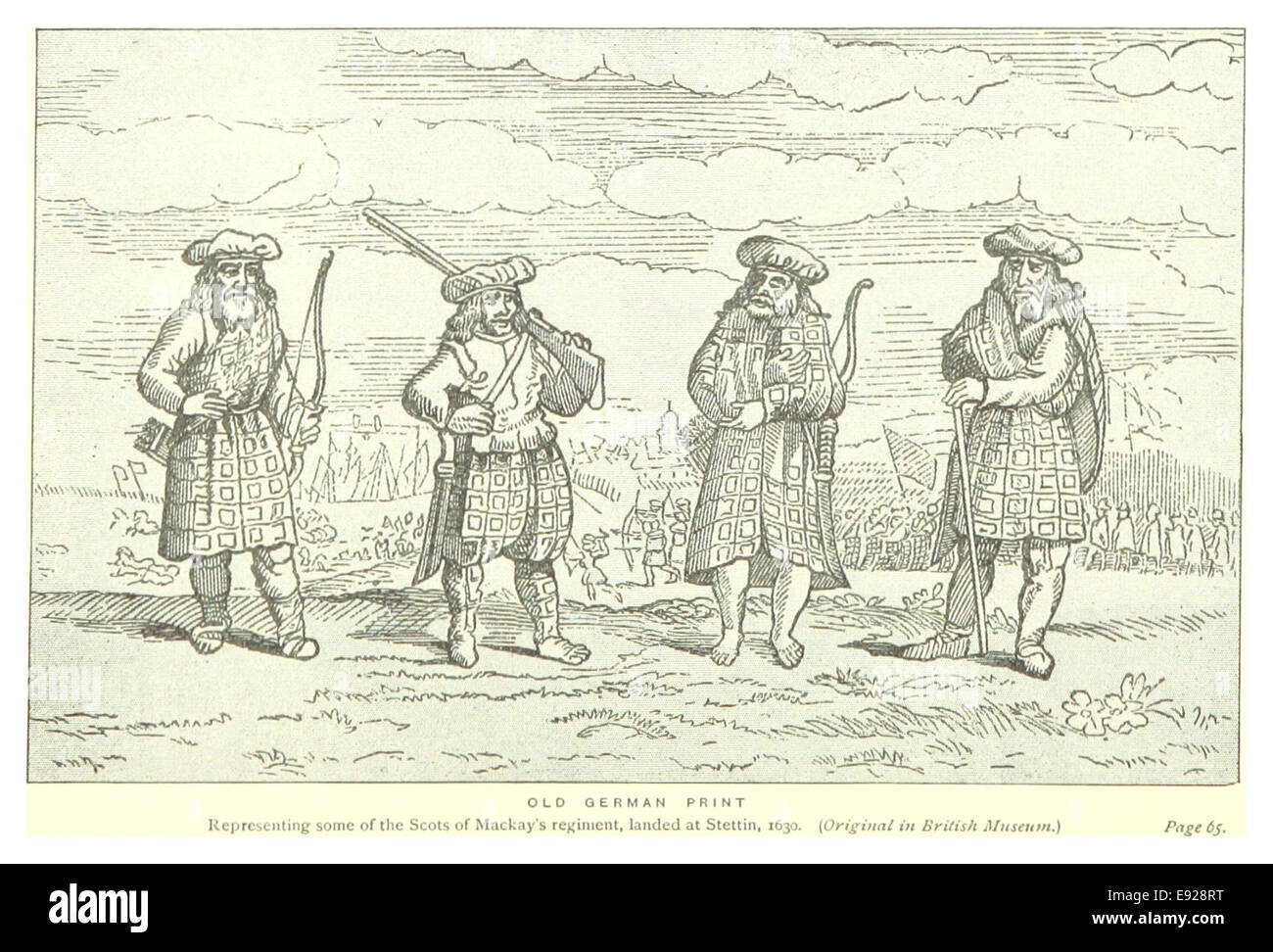 Eine Illustration aus dem Jahr 1630, in der die Schotten von Mackays Regiment während des Dreißigjährigen Krieges in Stettin (heute Stettin, Polen) landeten. Das Bild zeigt das militärische Engagement in einem historischen Schlüsselereignis. Stockfoto