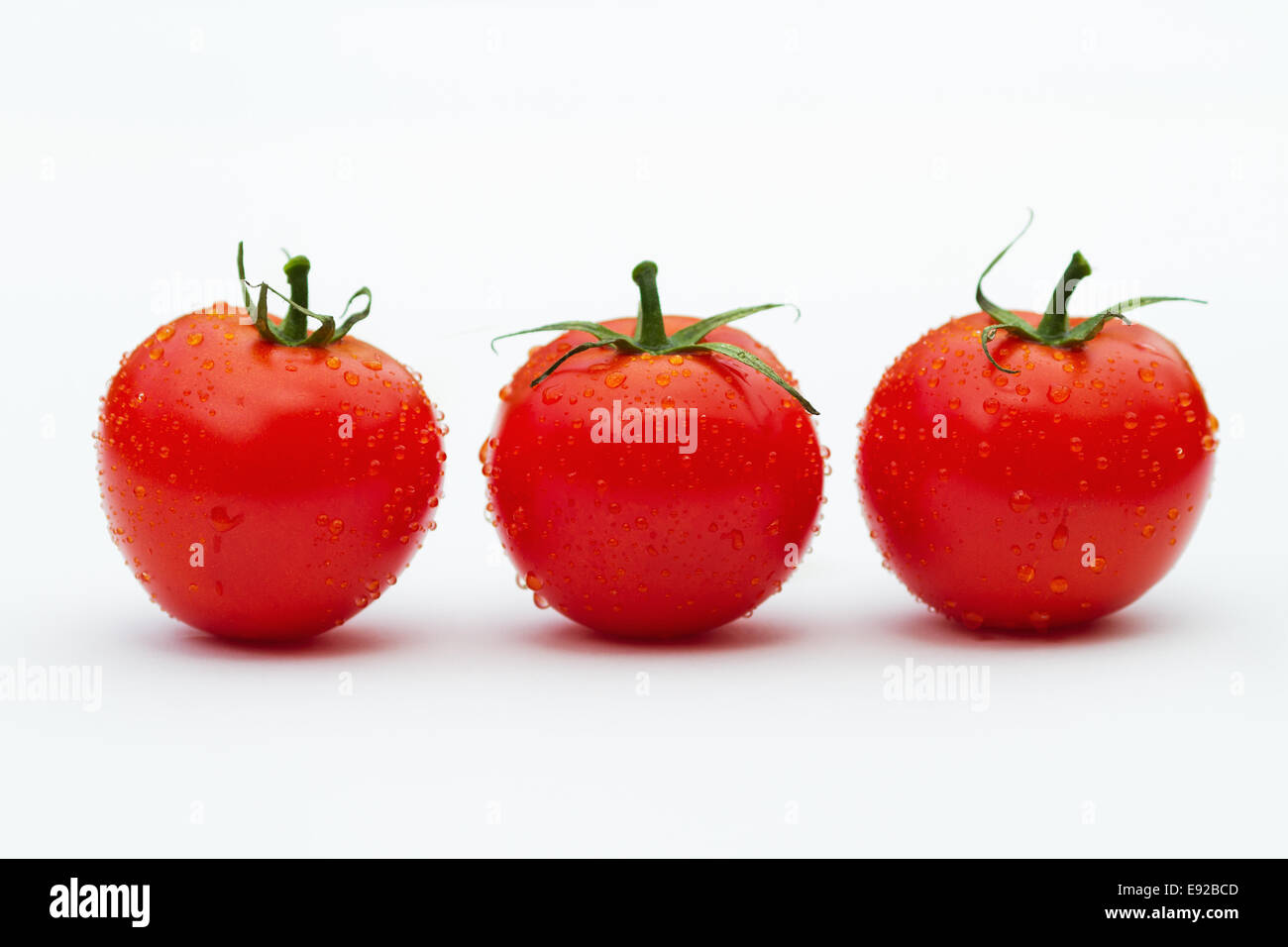 drei Tomaten in einer Reihe Stockfoto