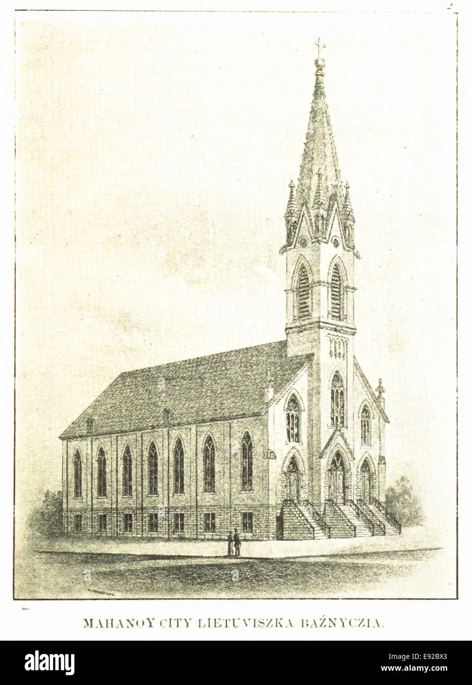 Eine Illustration der Stadt Mahanoy, die die litauische Gemeinde darstellt, mit dem Titel „Lietuviszka Bac5BDnyczia“, die auf das litauische Erbe verweist. Das Bild fängt die kulturelle und historische Bedeutung der Einwanderererfahrung in Mahanoy City ein. Stockfoto