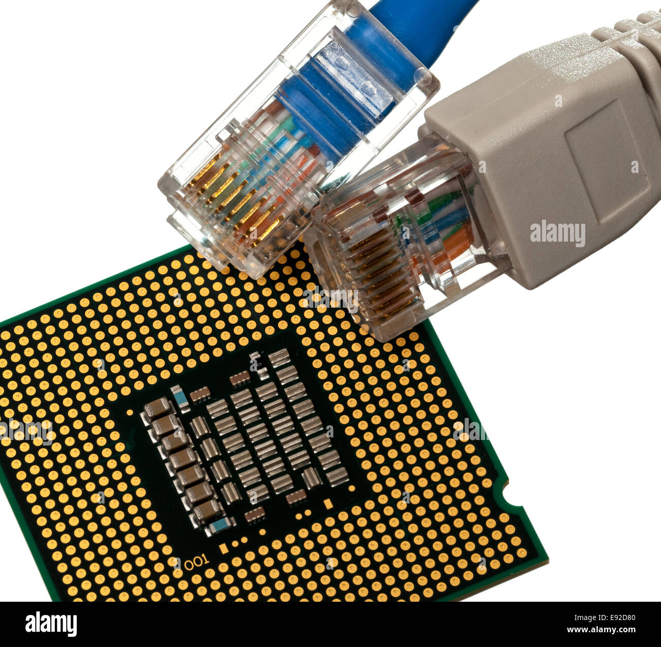 Cat 5 Kabel in verschiedenen Farben mit CPU Stockfoto