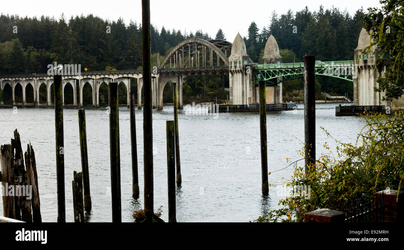 Holzpfähle im Siuslaw River, an der Florence Oregon.  Die Siuslaw Brücke ist Iin den Hintergrund. Stockfoto
