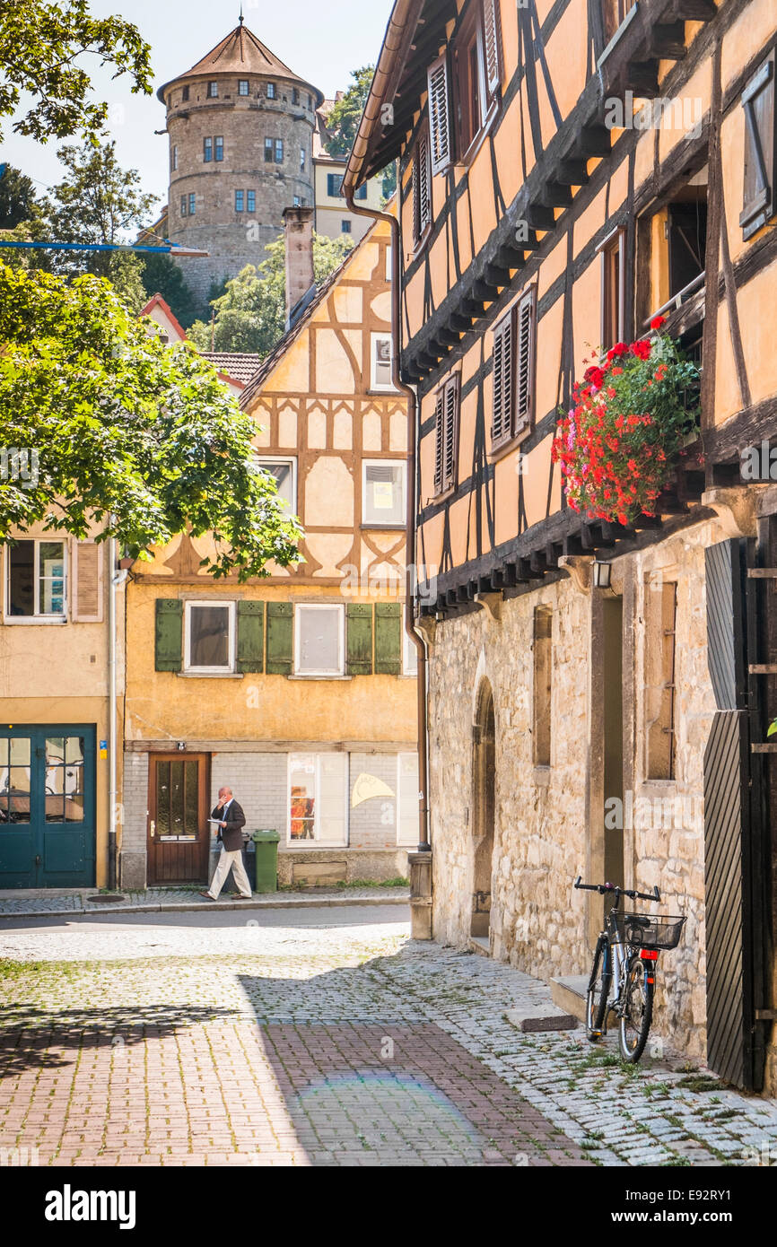 Blick auf Hohentuebingen Burg, gesehen aus dem historischen Teil der Stadt, Tübingen, Baden-Württemberg, Deutschland Stockfoto