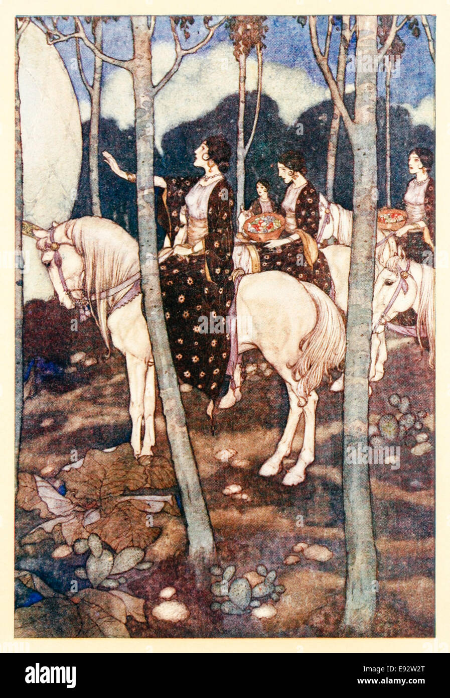 Jungfrauen auf weißen Pferden mit Körben von Edelsteinen - Edmund Dulac Illustration aus "The Story of Wicked Halbbrüder" in "Geschichten aus Tausendundeiner Nacht". Siehe Beschreibung weitere Informationen Stockfoto
