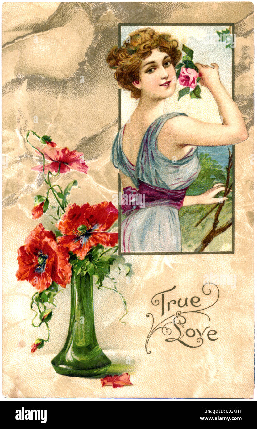 Frau auf der Suche über die Schulter, die Blume, grüne Vase mit Blumen, 'Wahre Liebe', Postkarte, um 1910 Stockfoto