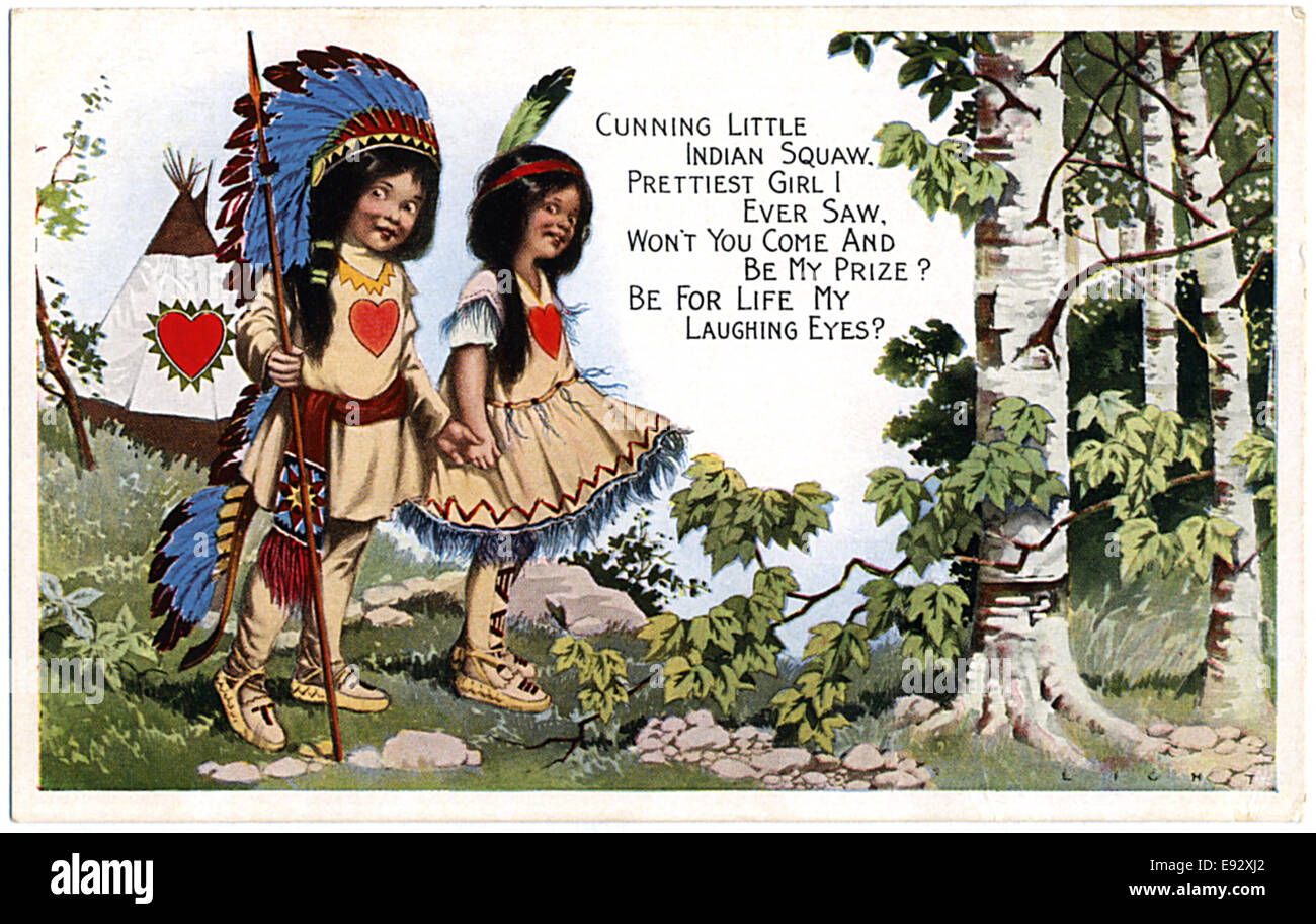 Jungen und Mädchen in indianischen Kostümen, Valentine Postkarte Stockfoto