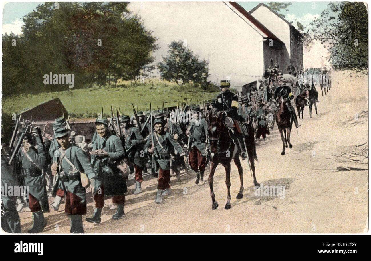 Französisch zu bewegen, an der Flanke des Feindes, WWI handkolorierten Postkarte ca. 1914 Stockfoto