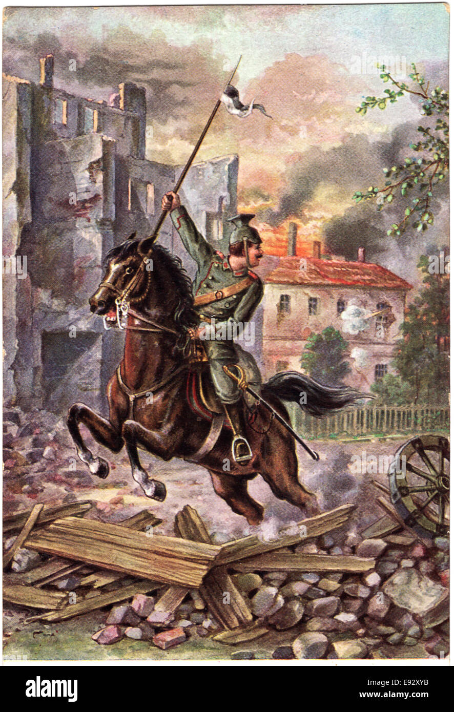 Deutscher Soldat auf Pferd springen über Schutt während des ersten Weltkrieges Kampfes im Krige (im Krieg) ", deutsche Postkarte, um 1915 Stockfoto