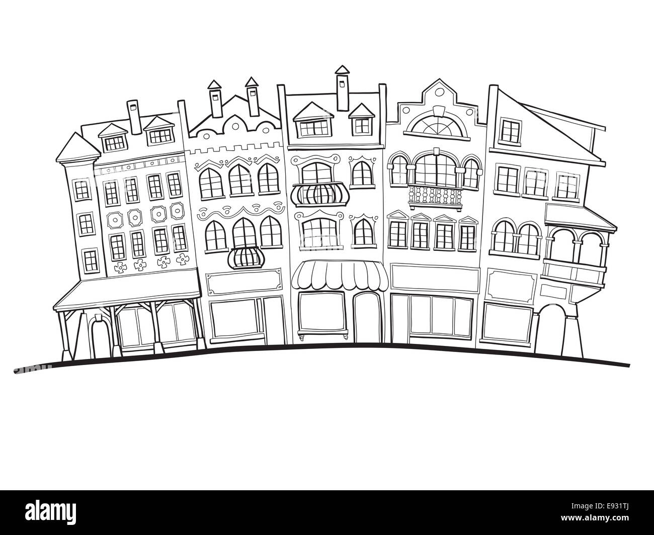 Zeichnung der alten Stadt Straße Fassaden, Häuser und Geschäfte Stockfoto