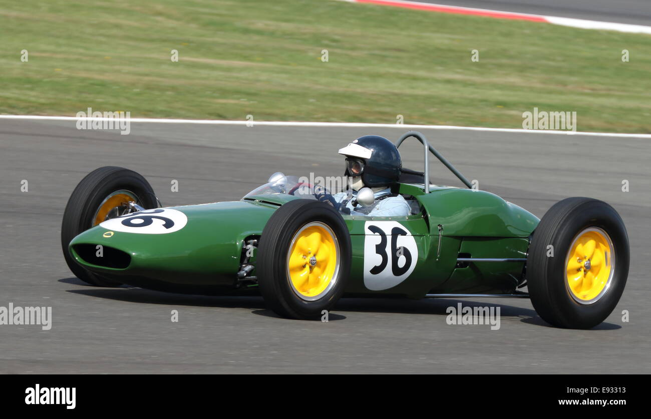 Jim Clark Lotus 21 Pre-1966 Grand Prix Autorennen an ein historisches Ereignis im Jahr 2014 Silverstone Classic. Stockfoto