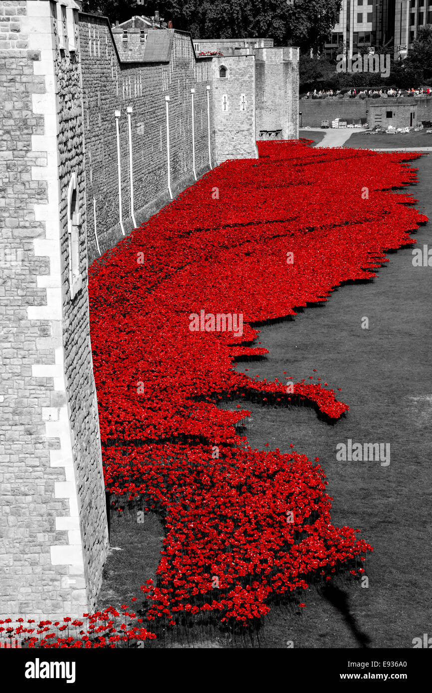 Mohn-Installation auf den Tower of London zu die britischen Soldaten erinnern, die sich für ihr Land im 1. Weltkrieg geopfert Stockfoto