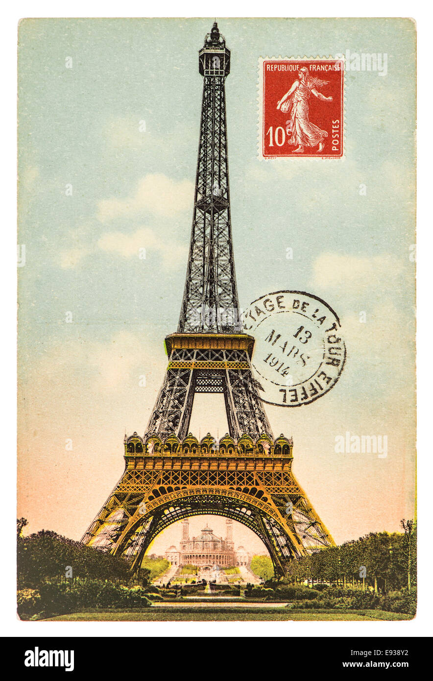 alte Ansichtskarte mit Eiffelturm (La Tour Eiffel) in Paris, Frankreich, ca. 1914 Stockfoto