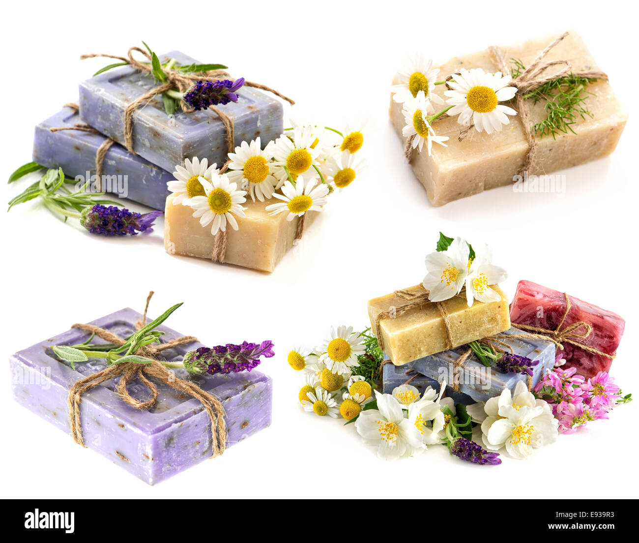 Seifenstücke mit frischem Lavendel, Kamille und Jasminblüten isoliert auf weißem Hintergrund Stockfoto