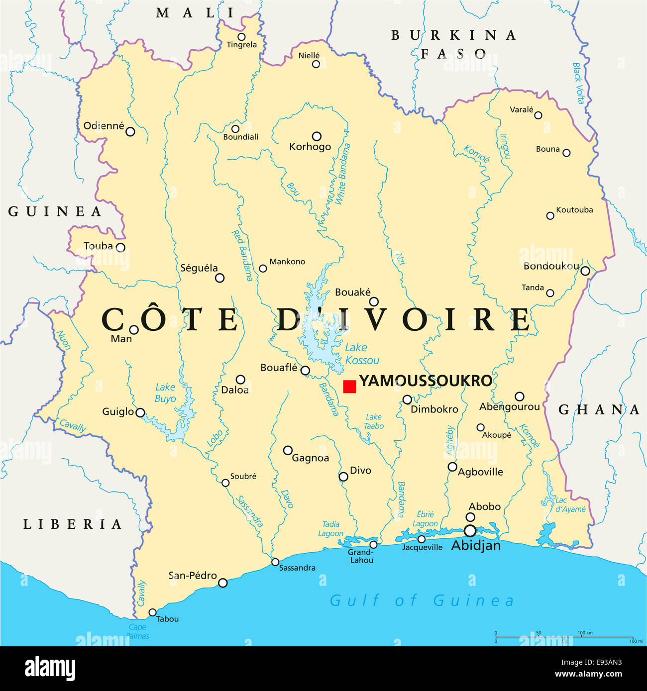 Côte d ' Ivoire politische Karte - Côte d ' Ivoire - Hauptstadt  Yamoussoukro, Landesgrenzen, wichtige Städte, Flüsse und Seen  Stockfotografie - Alamy