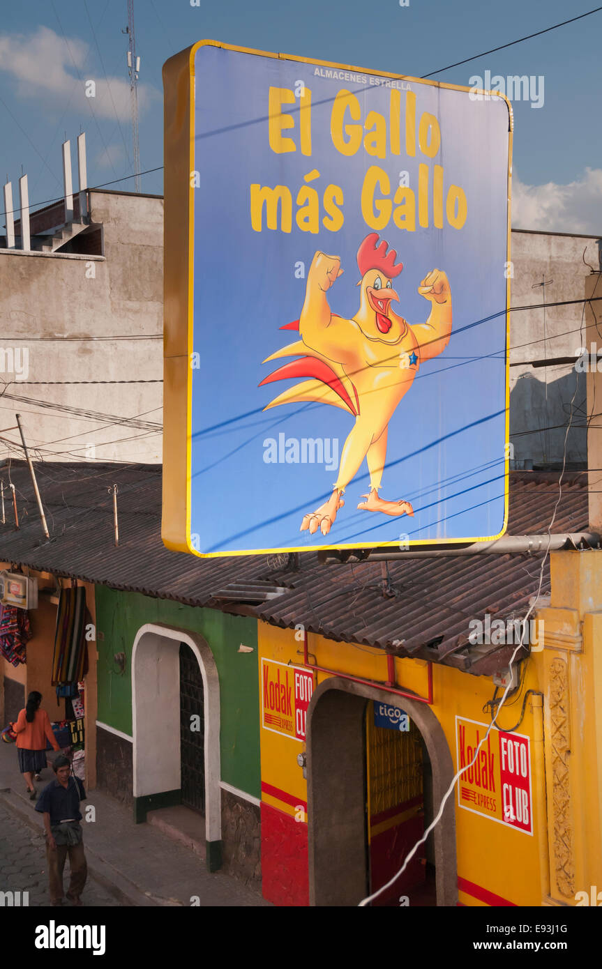 Anzeige für Huhn, El Gallo Mas Gallo, Chichicastenango, Guatemala Stockfoto