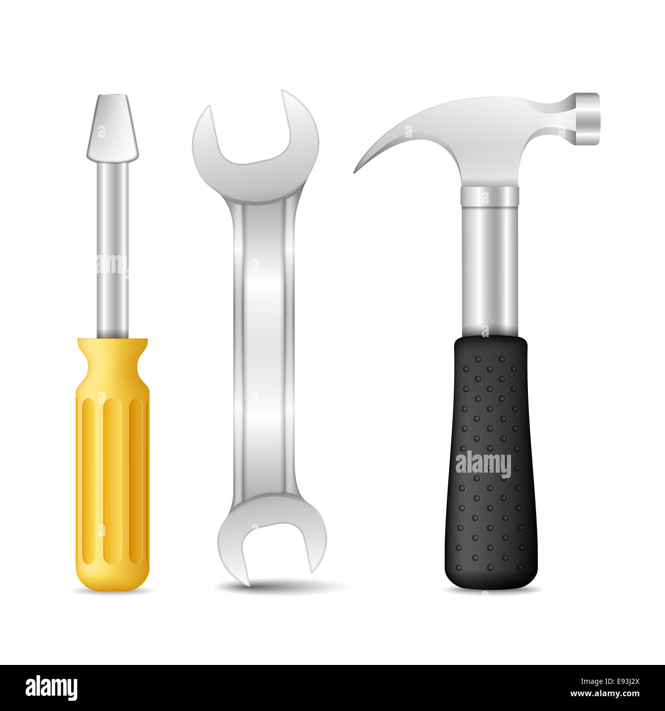 Schraubendreher, Schraubenschlüssel und Hammer auf weißem Hintergrund Stockfoto