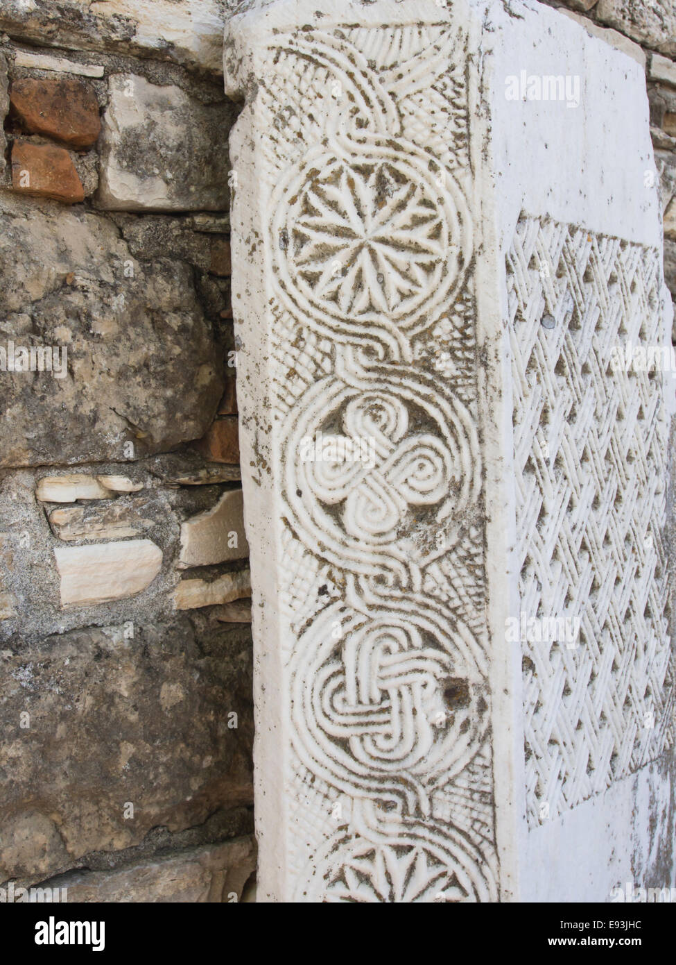 Heraion von Samos, großen Heiligtum der Göttin Hera, Samos Griechenland, ein UNESCO-Weltkulturerbe, detaillierte Muster auf Marmor Stockfoto