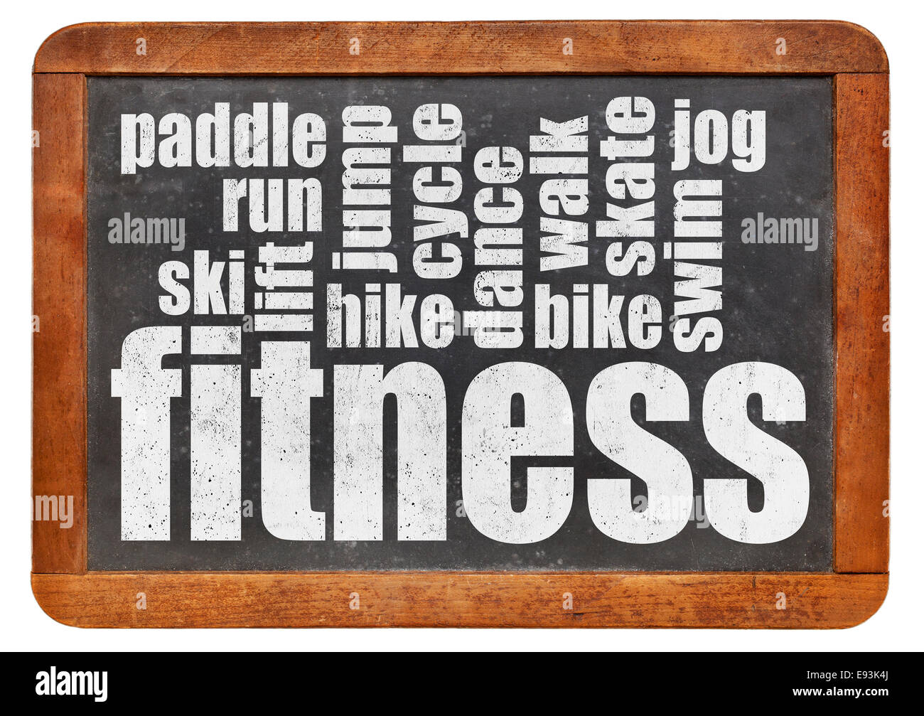 Fitness-Wortwolke auf einer Vintage Schiefer Tafel isoliert auf weiss Stockfoto