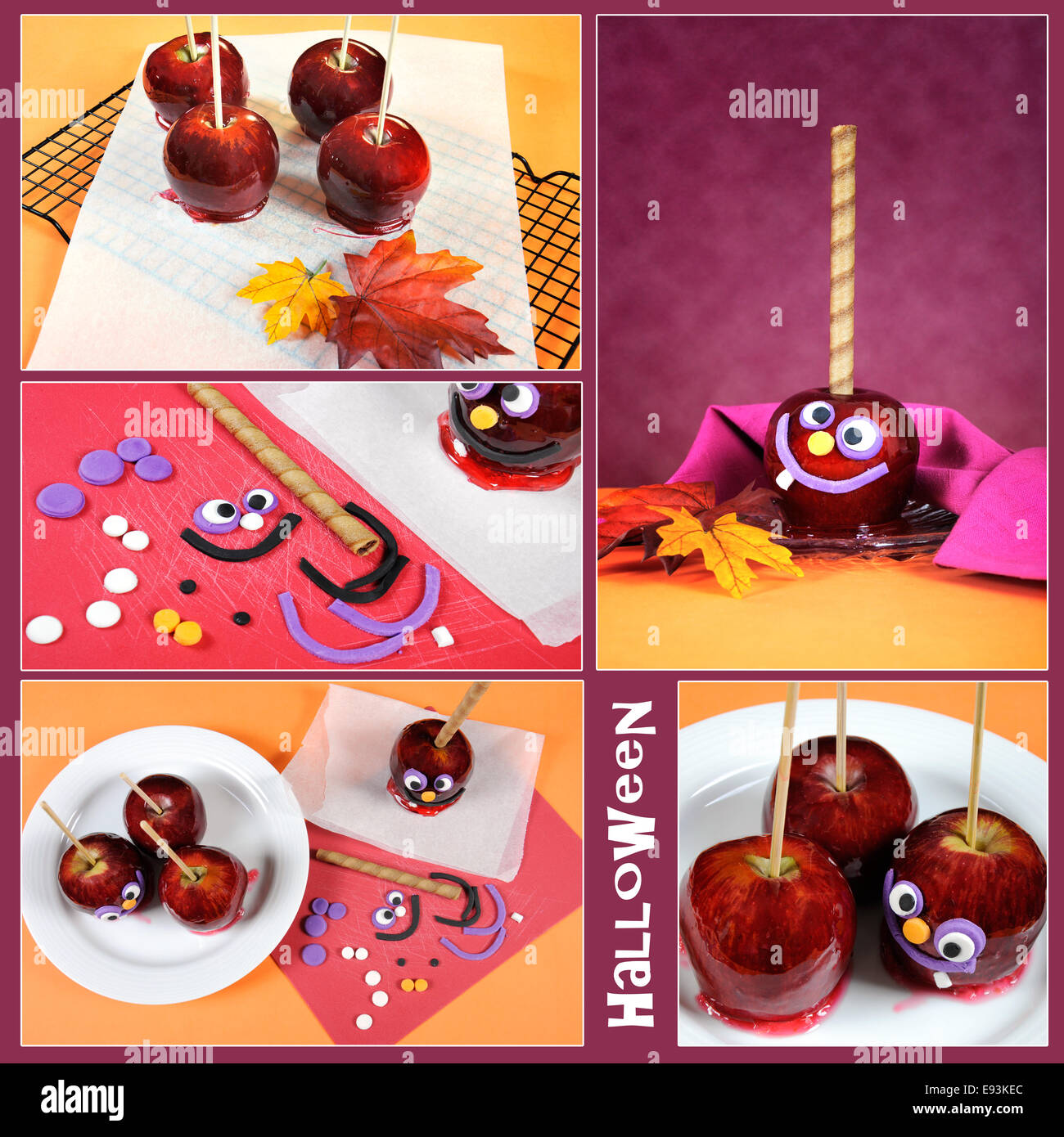 Hausgemachte Happy Halloween-Toffee machen Karamell Liebesäpfel mit verrückten lächelnde Gesichter für Trick oder Saures collage Stockfoto