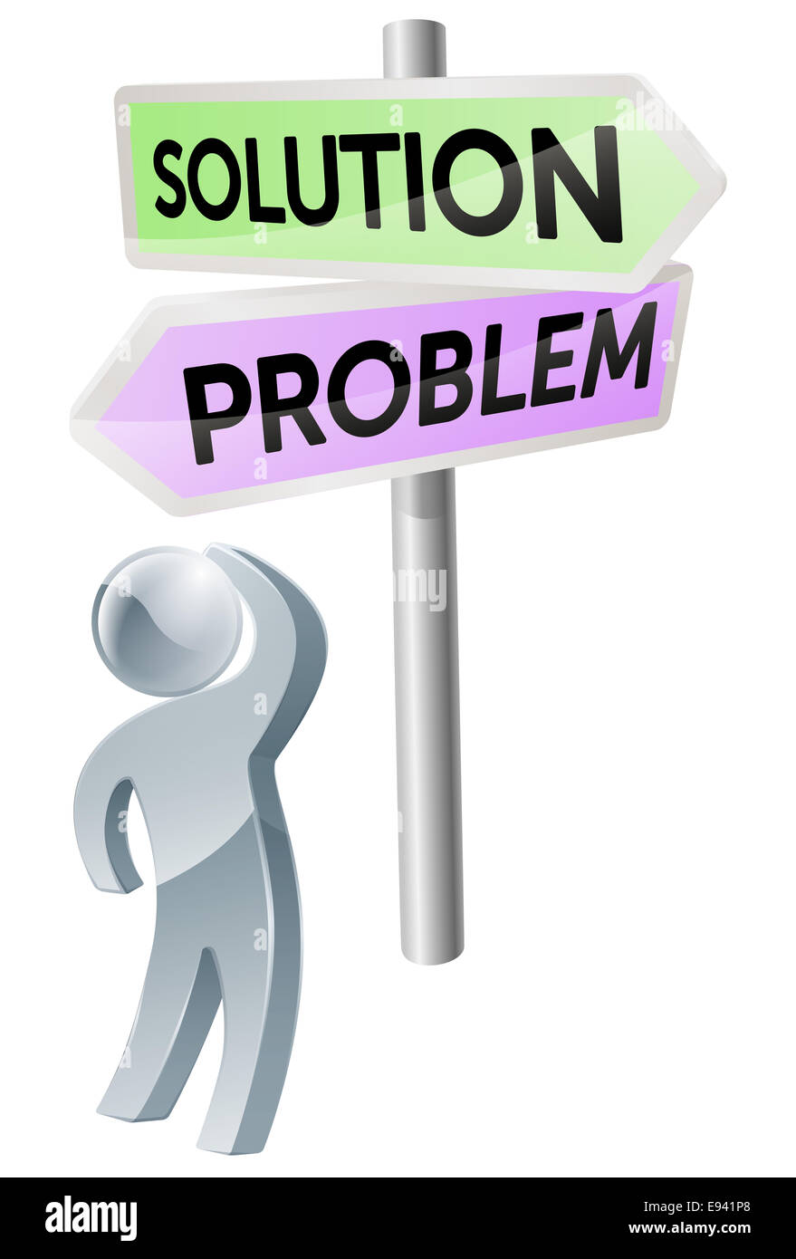 Eine Person mit eine Entscheidung zu treffen, nach oben auf ein Zeichen mit Wegbeschreibungen zu akzeptieren oder abzulehnen Stockfoto