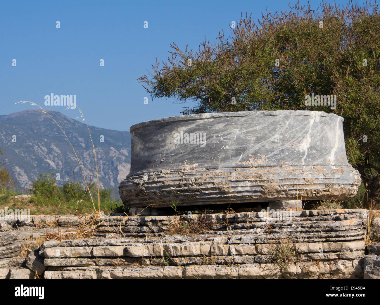 Heraion von Samos, Heiligtum der Göttin Hera, Samos Griechenland, ein UNESCO-Weltkulturerbe, riesige Spalte Basis in Landschaft Stockfoto