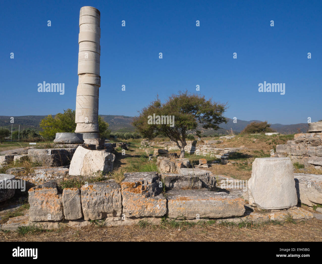 Heraion von Samos, großen Heiligtum der Göttin Hera, Samos Griechenland, ein UNESCO-Weltkulturerbe, hohen Säule und Tempelruine Stockfoto