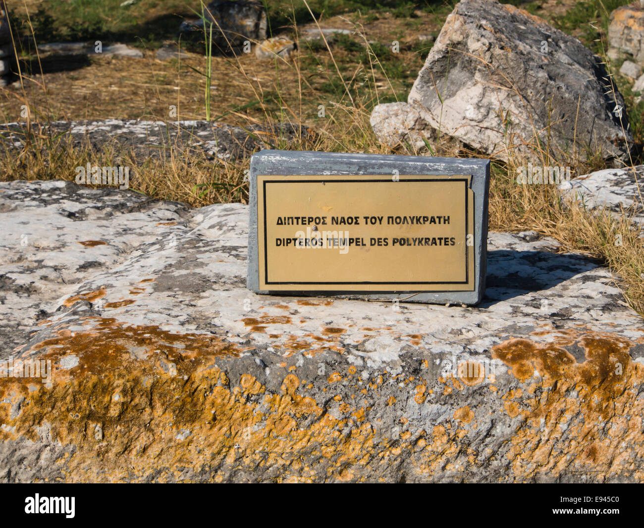 Heraion von Samos, Heiligtum der Göttin Hera, Samos Griechenland, ein UNESCO-Weltkulturerbe, Polykrates Tempel Zeichen Stockfoto