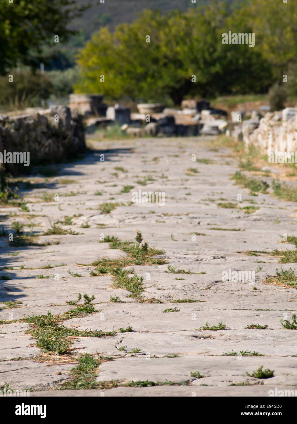Heraion von Samos, Heiligtum der Göttin Hera, Samos Griechenland, ein UNESCO-Weltkulturerbe, verbleibende Teil Marmor Straße Stockfoto