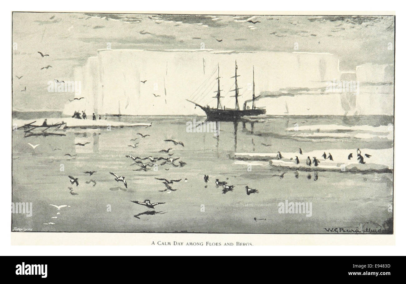 Seite 127 aus Bulls Werk von 1896 zeigt einen ruhigen Tag zwischen Eisschollen und Eisbergen und erfasst die ruhigen und doch harten Bedingungen der Polarforschung im späten 19. Jahrhundert. Stockfoto