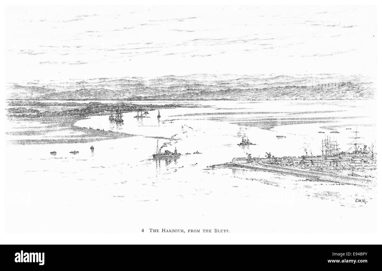 Seite 033 aus Durban's Werk von 1891, das den Hafen vom Bluff aus zeigt, einem ikonischen Ort in Durban, Südafrika. Die Abbildung zeigt die Bedeutung der Hafenstadt als bedeutendes See- und Handelszentrum im späten 19. Jahrhundert. Stockfoto