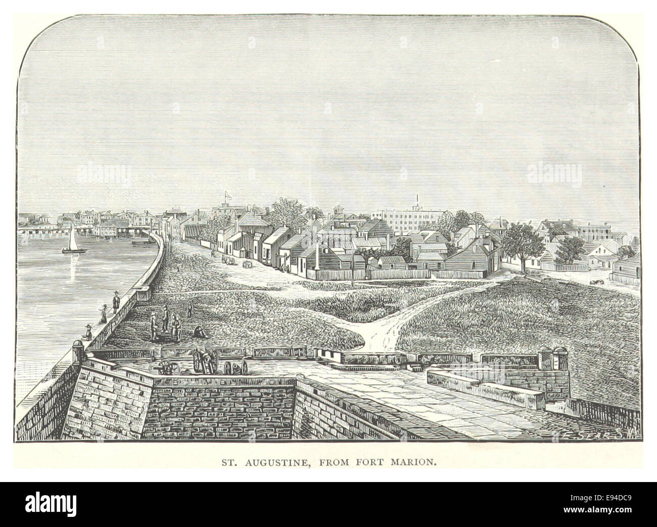 Diese Vintage-Illustration von St. Augustine fängt einen Blick von Fort Marion ein und bietet einen historischen Blick auf die Architektur und Landschaft der Stadt in Florida während der Kolonialzeit. Stockfoto