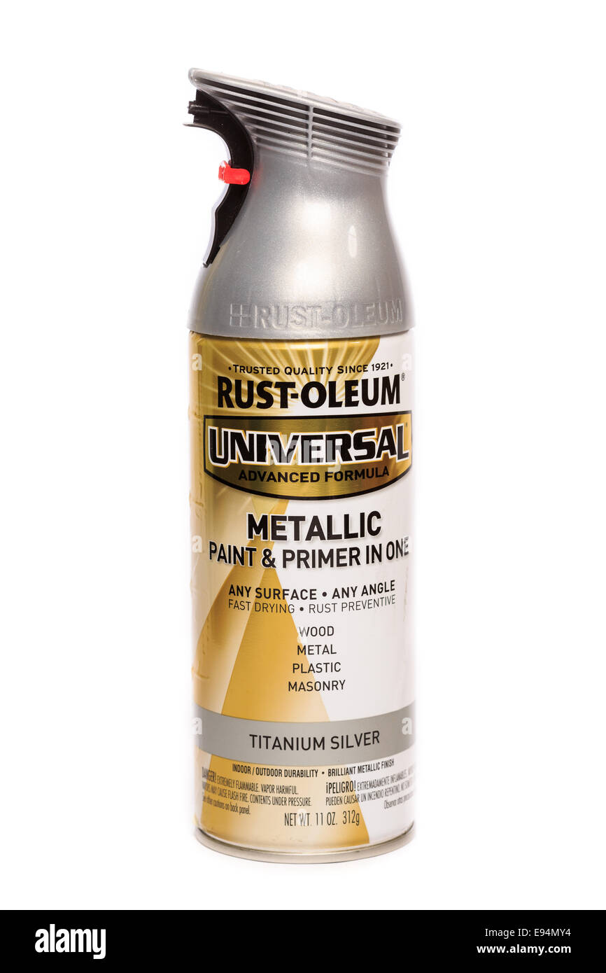 Rust-Oleum Universal Erweiterte Formel Titan-Farbe: Silber-Metallic-Lackierung & Primer Stockfoto
