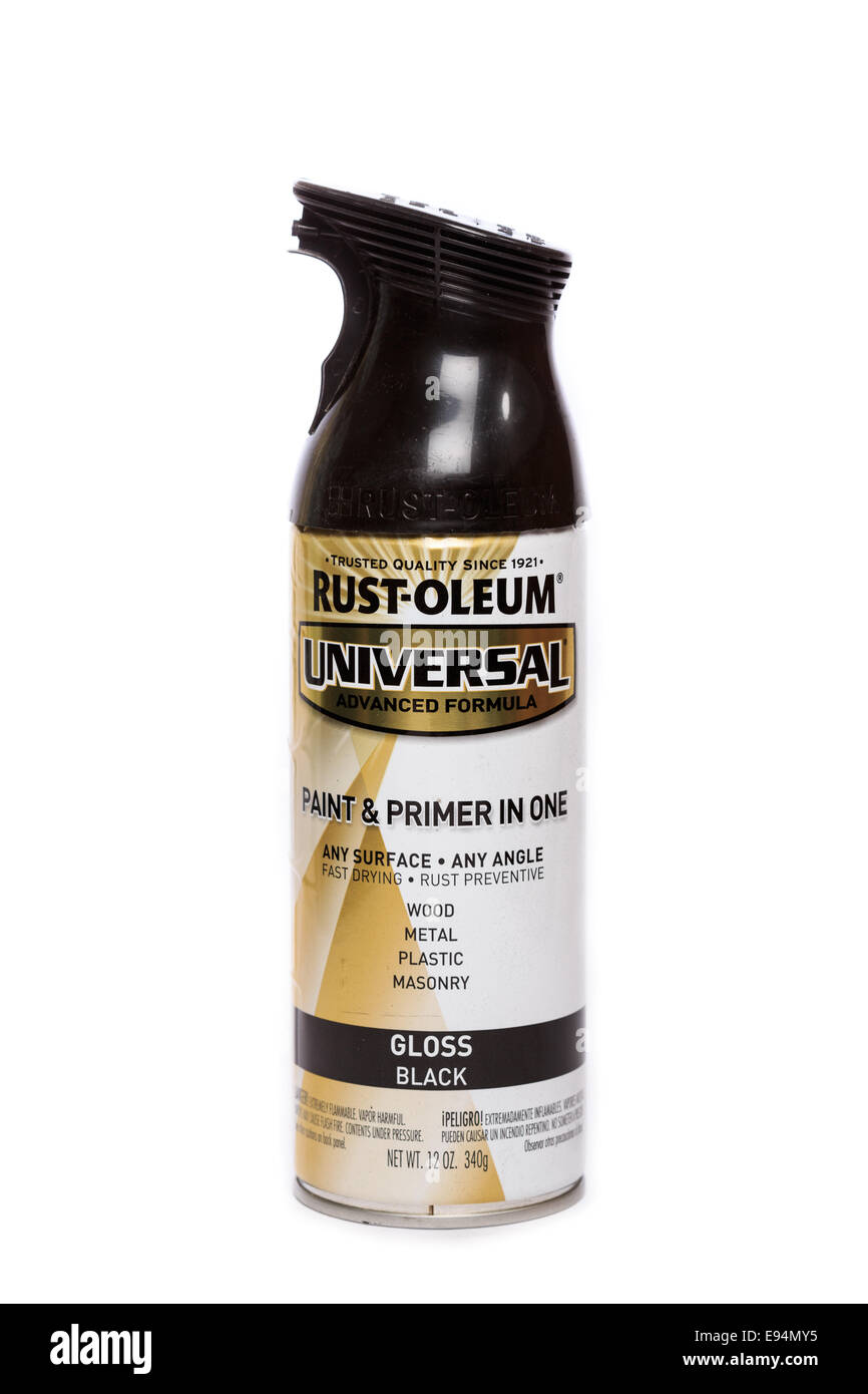 Rust-Oleum Universal Erweiterte Formel Glanz schwarz Metallic-Lackierung & Primer Stockfoto