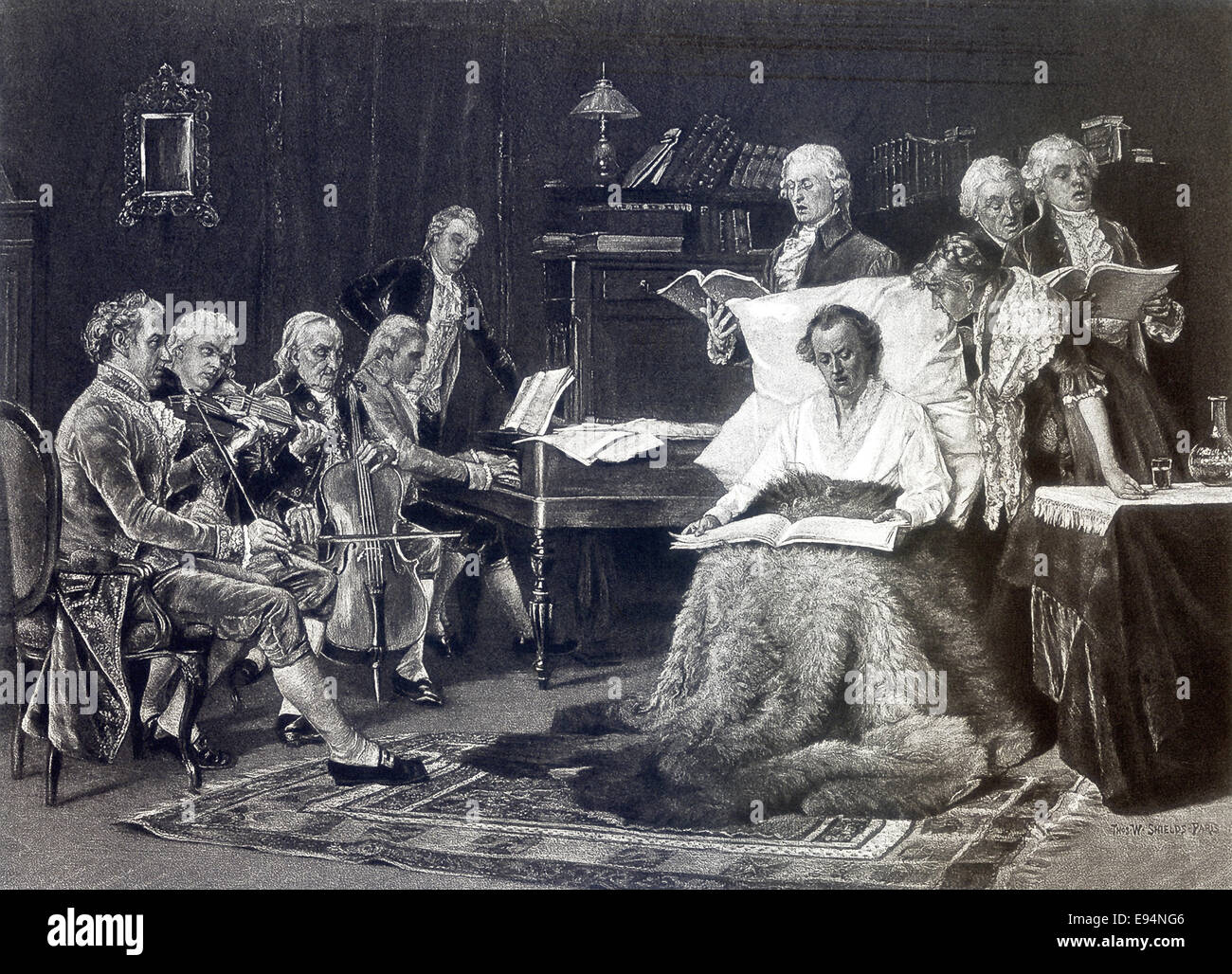 Diese Illustration des österreichischen Komponisten und Pianisten Wolfgang Amadeus Mozart Requiem singen erfolgte durch amerikanische Künstler Thomas W. Shields 1885. Es zeigt eine kranke Mozart, auf einem Kissen sitzen und bedeckt mit Fell Gesang mit einem Streichtrio und Klavier auf der linken Seite. Stockfoto