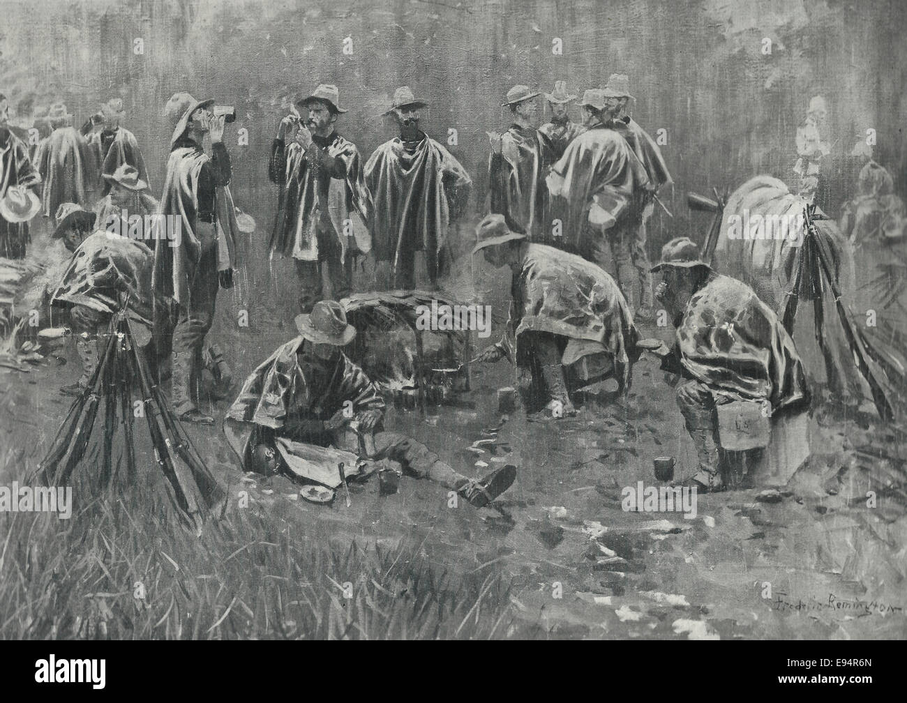 Die Regenzeit auf den Philippinen - Soldaten durcheinander. Gezeichnet von Frederic Remington, ca. 1899 Stockfoto