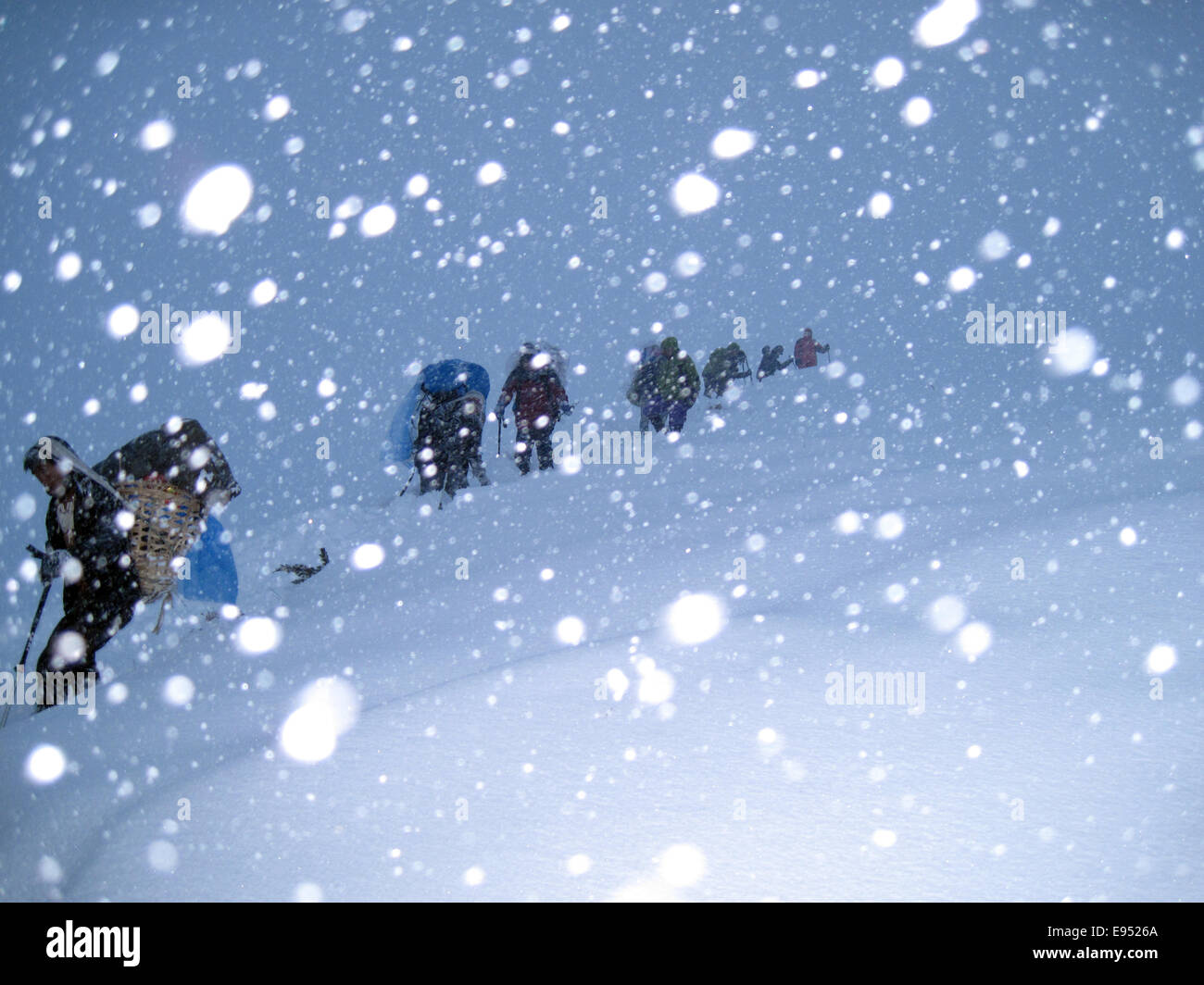 Ein Foto, gestellt durch Mitglieder des Alpenvereins am 20. Oktober 2014, zeigt den Aufstieg von Tilicho Lake (Teehaus) zum Tilicho base-Camp in der Nähe des Annapurna-Massivs in heftige Schneefälle in Nepal, 16. Oktober 2014. Ein Schneesturm auf knapp 5.000 m überraschte die Alpenvereins-Gruppe. Foto: Alpenverein/dpa Stockfoto