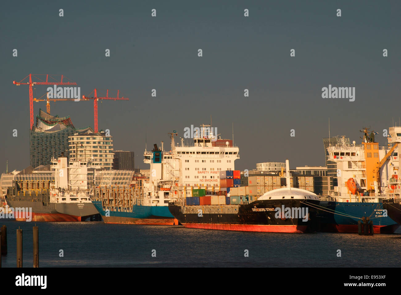 Schiffe im Hamburger Hafen vor Anker in der Norderelbe, Elbphilharmonie und der Marco Polo Tower in den Rücken, Hamburg Stockfoto