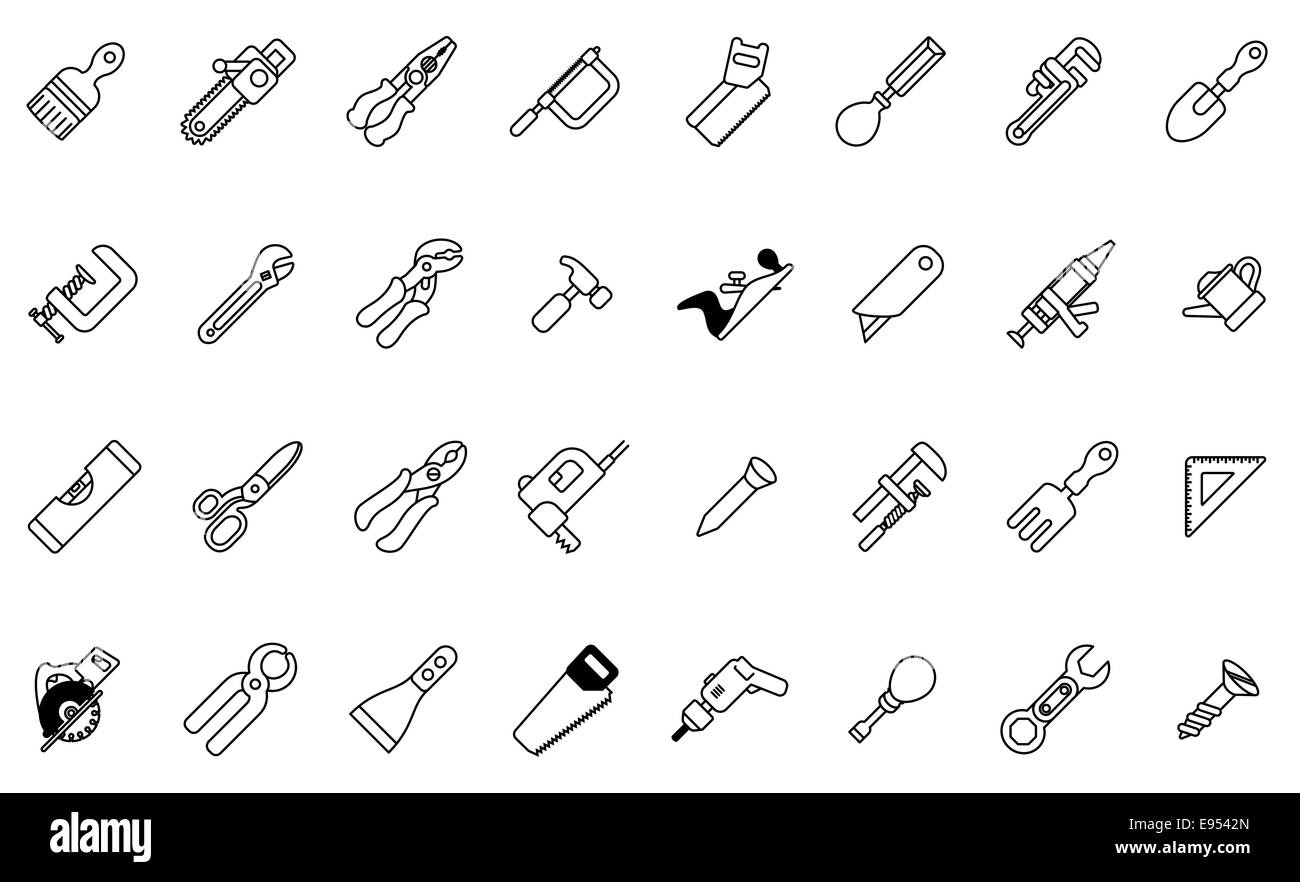 Ein Werkzeug-Symbol mit vielen Bau- oder DIY-Tools einschließlich Ebene, Säge und viele andere setzen Stockfoto